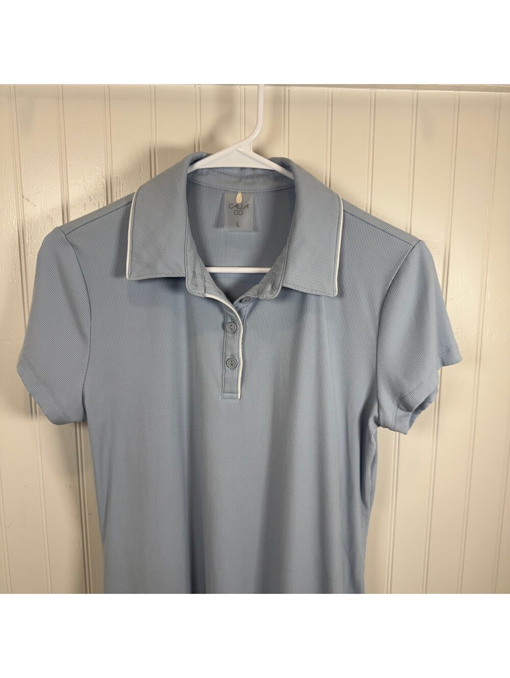 Calia Women's L Golf Polo Shirt Light Blue Ribbed Modal Stretch Short Sleeve